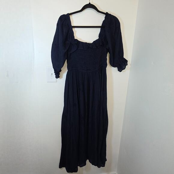 Smocked waist peasant square neck dress Large Navy Rayon Puff Sleeve Cottagecore - Picture 7 of 9